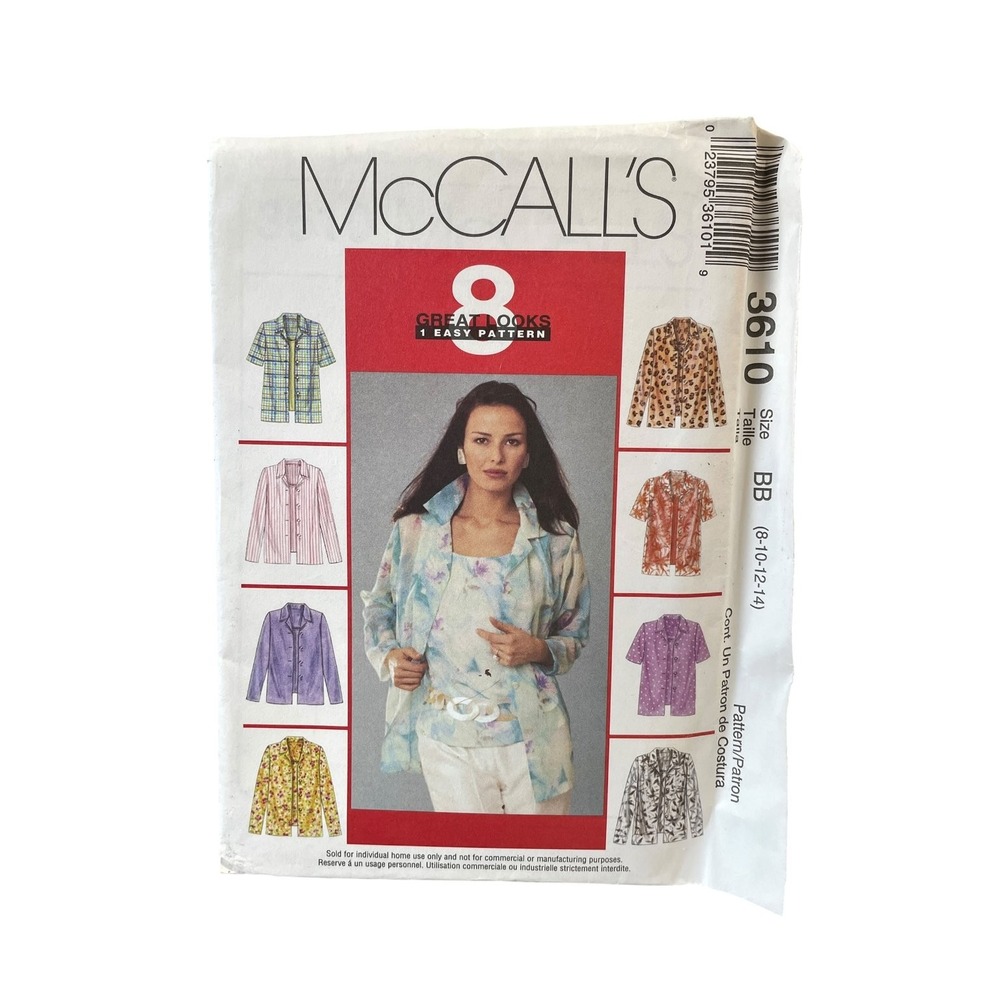 McCall's 3610 Misses Shirt Top Blouse Sz BB 8 10 12 14 Easy Sew Pattern